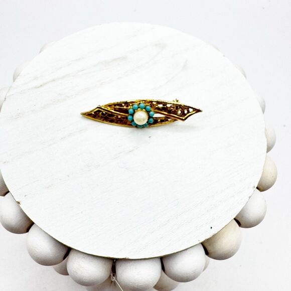 Vtg Mid Century MCM Faux Pearl And Turquoise Gold Tone Filigree Bar Pin Brooch - Picture 3 of 8